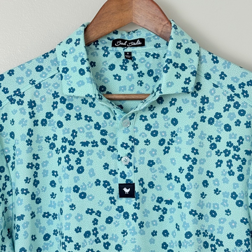 Bad Birdie Golf Polo Mens Small Teal Green Floral Print Performance Shirt - Picture 2 of 10